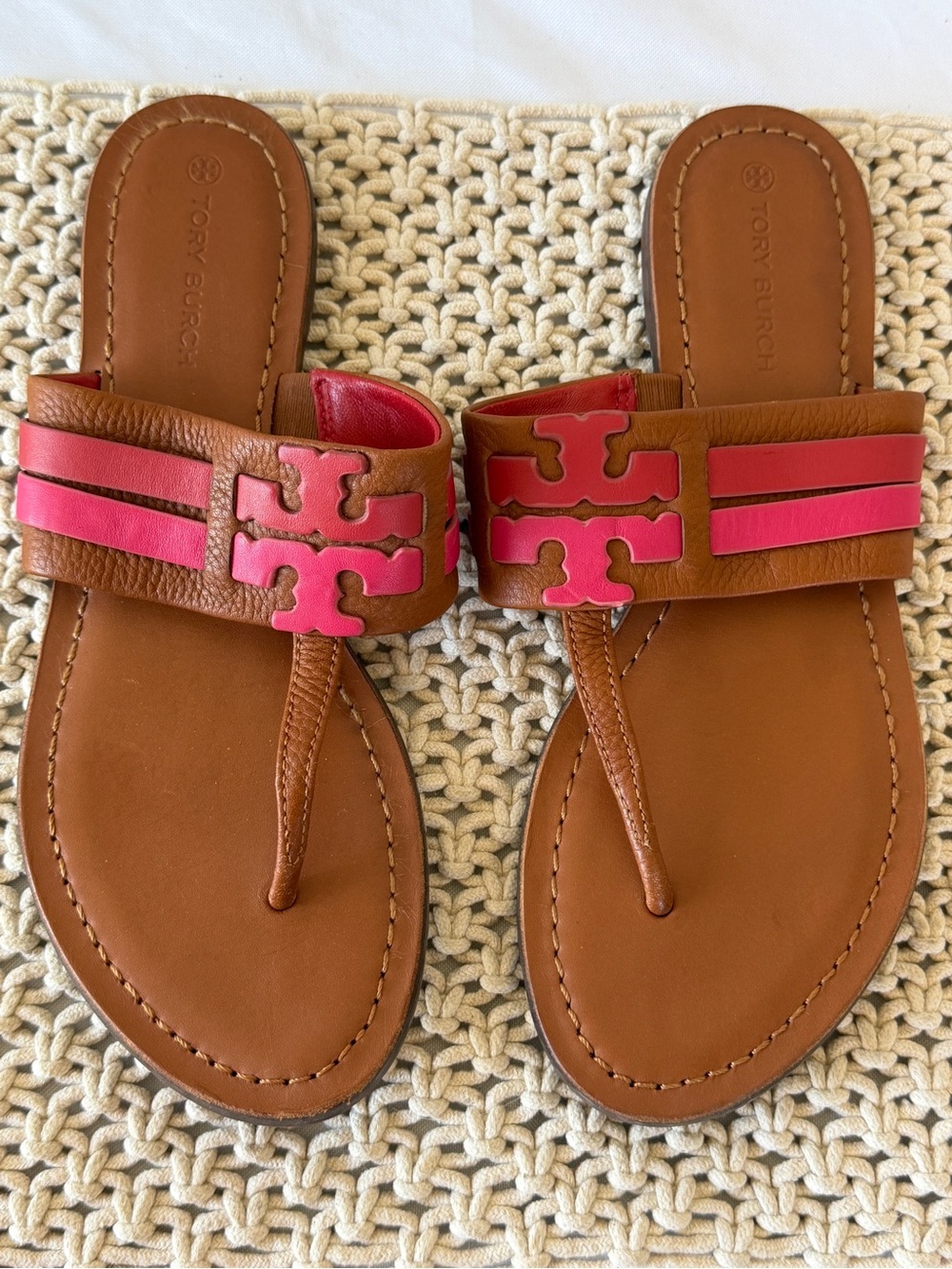 Tory Burch Brown Leather Thong Sandals with Pink Logo Stripes